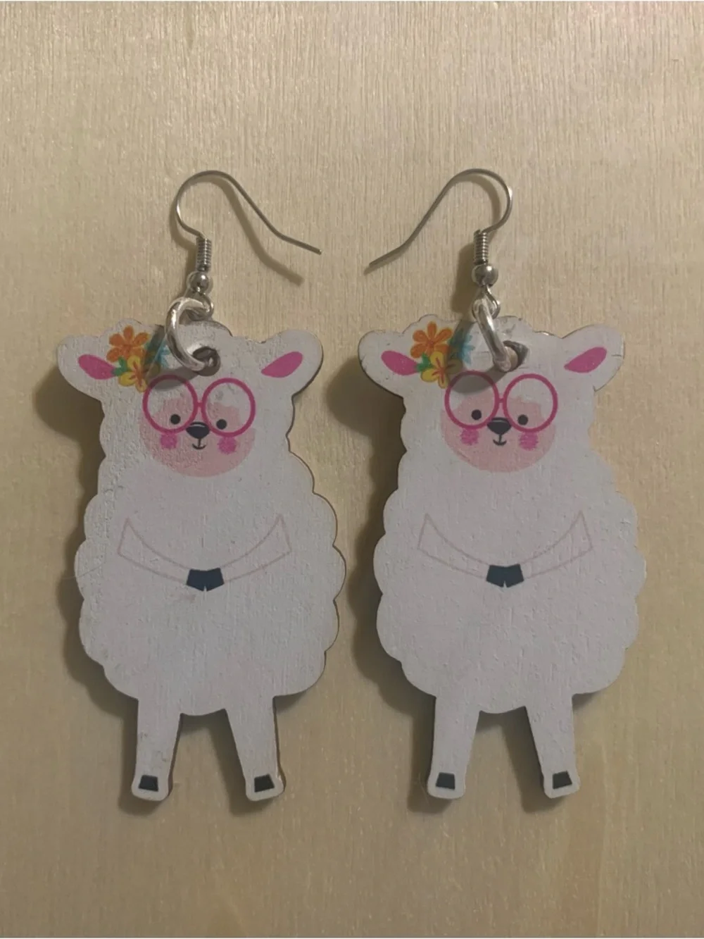 Cute White Sheep Dangle Earrings with Pink Accents